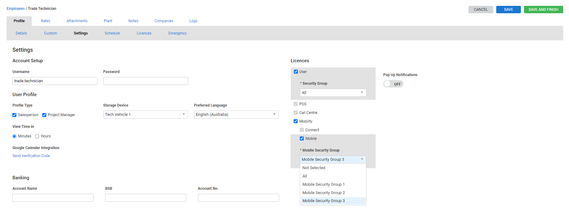 A screenshot of the security group selection in an employee.